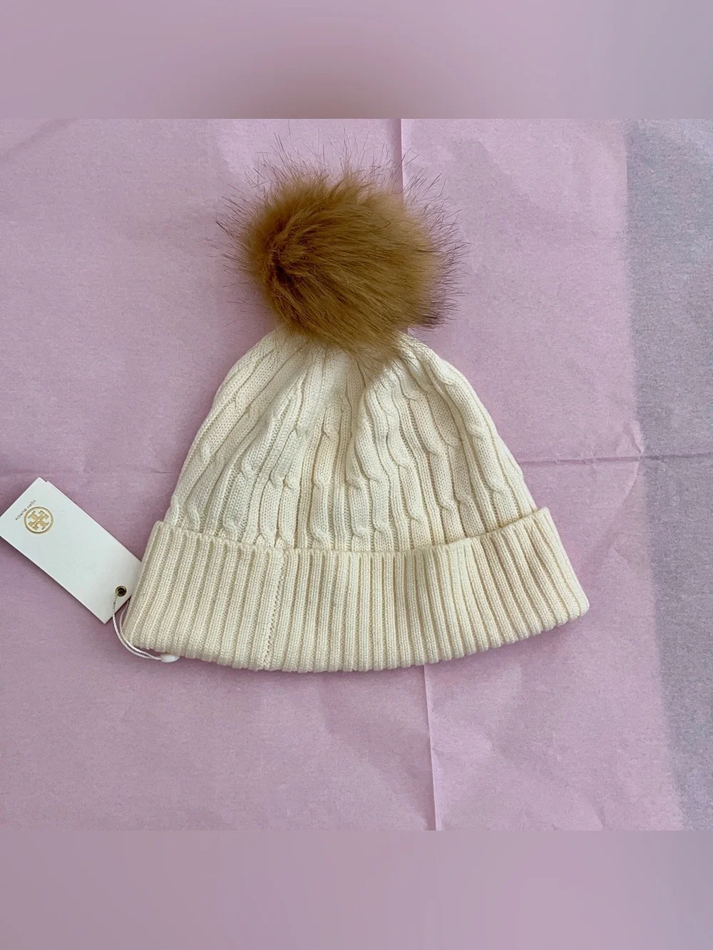 Tory Burch Cream Cable-Knit Beanie with Brown Faux-Fur Pom